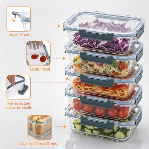 5Pack 22oz Glass Storage Containers with Lids, Grey