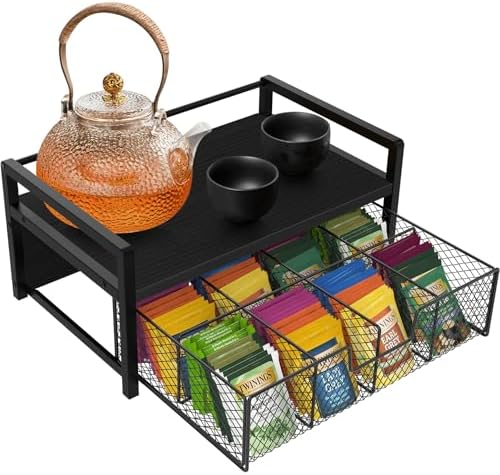 Wood Tea Bag Organizer, Teabag Holder with Drawer, Tea Organizers and Storage Box, 8 Compartments Tea Caddy Station Chests Display Container for Counter Kitchen, Black