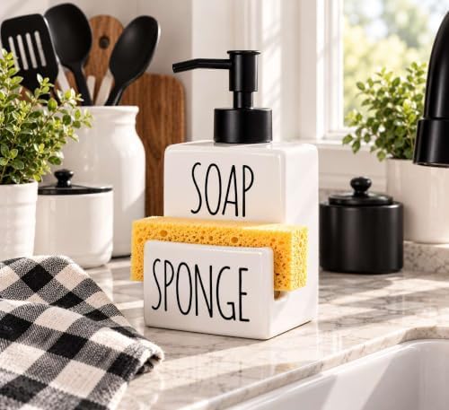 Ceramic Dish soap Dispenser with Sponge Holder Hand and Dish Soap Dispenser Set for Kitchen 2-in-1 Countertop Soap Pump Dispenser for Kitchen Sink, Useful Kitchen Gadgets - Modern Farmhouse White