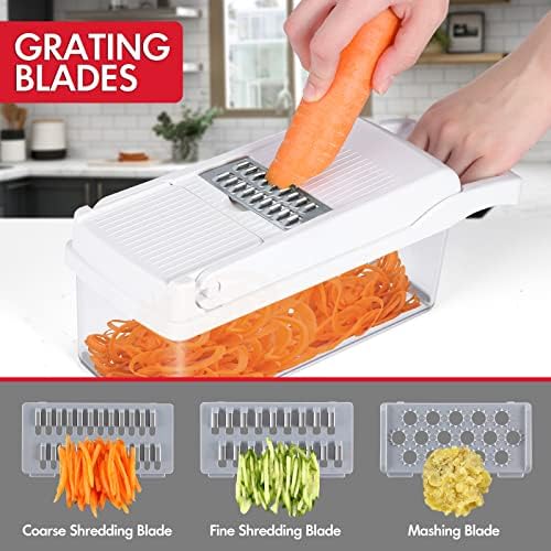 Vegetable Chopper Onion Cutter, 12 in 1 Professional Mandoline Slicer for Kitchen, Multifunctional Food Chopper for Potato, Tomato, Veggie with Strainer Basket, 8 Blades, White