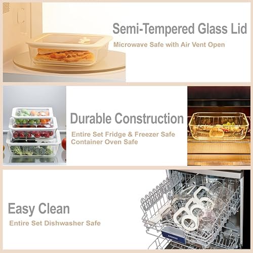 Glass Food Container Set with Glass Lid, 4 Pack, Food Storage Containers Set, Airtight, LeakProof, 100% Plastic Free, Meal Prep Containers (White Color)