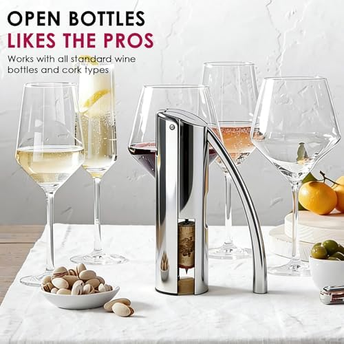 Wine Opener, Stainless Steel Vertical Lever Corkscrew with Foil Cutter, Extra Spiral and Premium Gift Box, Manual Wine Opener with One-Pull Design, Wine Bottle Opener