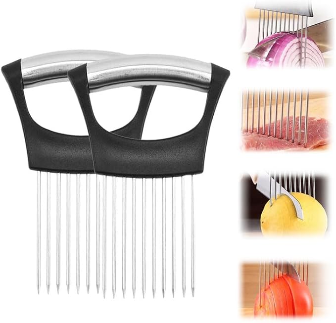 2PCS Stainless Steel Onion Slice Holder, 2024 New Onion Holder for Slicing, ultifunctional Fruit Egg Slicer Onion Pin Slicer Loose Meat Pin, Kitchen Chopper Slicing Tool for Onion Potato Lemon