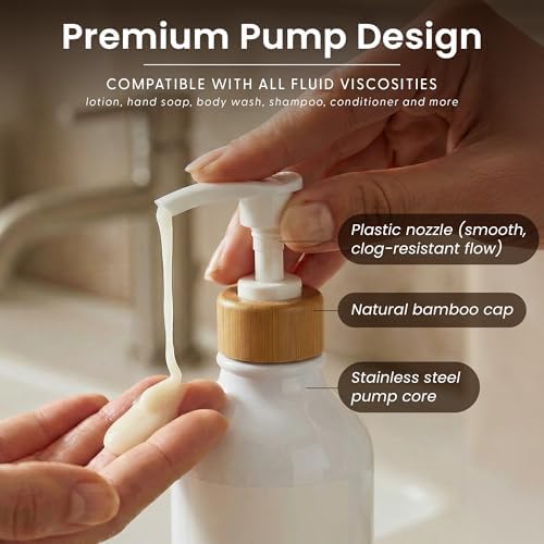 Soap Dispenser Bathroom Set of 2-16.9 oz Bathroom Soap Dispenser Set - White Plastic Bottles x 2 with White Bamboo Pumps & Tray