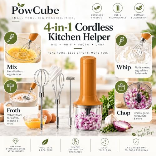 Cordless Hand Mixer, 4-in-1 Handheld Electric Mixer with Electric Whisk Frother & 10 oz Mini Food Chopper, USB-C Rechargeable 4-Speed Hand Mixer for Eggs, Cream, Coffee & Small-Batch Prep - Image 2