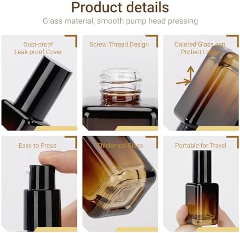 Segbeauty 1oz Glass Lotion Container for Oils, 4pcs 30ml Small Refillable Glass Pump Bottle Dispenser, Amber Empty Travel Size Foundation Pumping Bottle for Essential Oils Shampoo Face Wash Cream Gel - Image 2