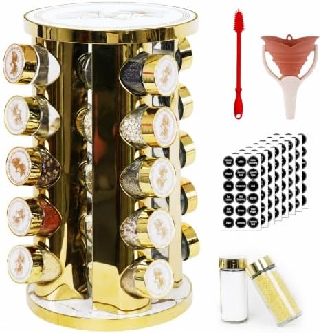 360-Rotating Kitchen countertop Stainless Steel Spice Rack, Apricot Leaf Appearance Pattern, Equipped with 20 Food Grade Glass cans (Gold + White, Five Floors of 20 Spice cans)