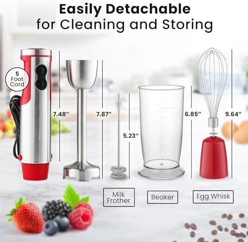 4-in-1 Immersion Blender 800W Hand Blender Set with Whisk, Milk Frother & 600ml Cup, 12-Speed Stick Blender with Turbo Mode for Soups, Smoothies, Sauces, Purees & Baby Food (Red)