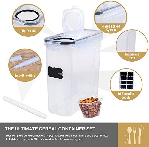 Cereal Containers Storage Set - 6 Piece Airtight Large Dry Cereal Storage Containers(4 * 4L+2 * 2.5L), BPA Free Dispenser Plastic Cereal Storage Containers with 16 Labels & Pen