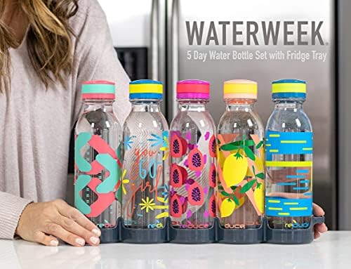 WaterWeek 14 oz Tritan Reusable Water Bottles - Includes 5 Leak Proof Bottles and Fridge Tray - BPA Free and Dishwasher Safe