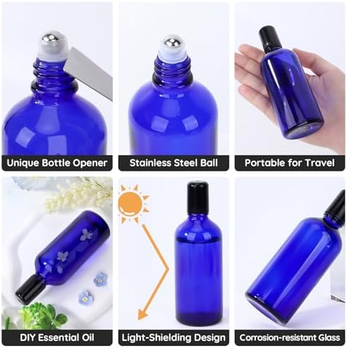 Segbeauty 3.4oz Thick Glass Roller Bottles for Essential Oils, 5pcs Blue Empty Rollerball Bottles for Oil, 100ml Refillable Roller Ball Applicator for Perfume Oil Eye Essence, Glass Roll On Bottle - Image 2