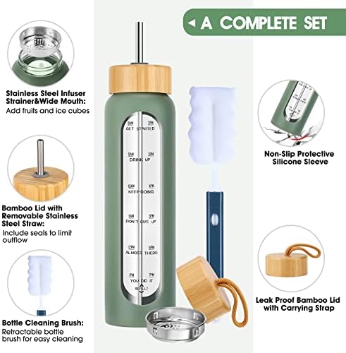 32 oz Glass Water Bottle with Straw - Motivational Time Marker & Silicone Sleeve - Reusable Tumbler Includes 2 Bamboo Lids & Fruit Infuser - 1 Pack