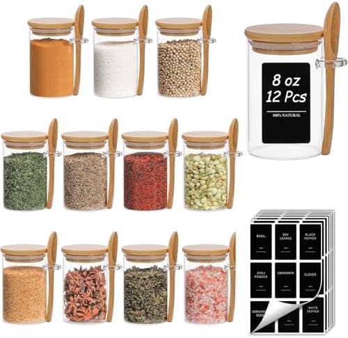 Spice Jars with Spoons 8 oz 12 Pack, Seasoning Container with Labels