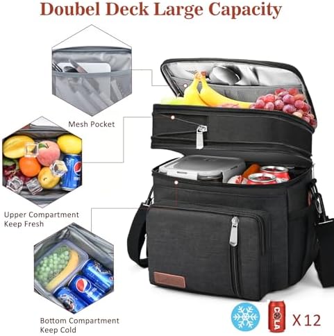 Lunch Box & Lunch Bag for Men & Women, Expandable Double-deck Expandable Large Insulated Cooler Lunch Bag with Shoulder Strap, Leakproof Durable Adult Lunch Box for Work, Picnic, 16L, Black