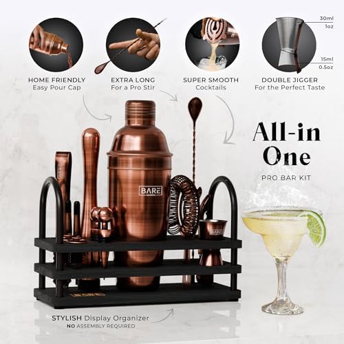 Mixology Bartender Kit Bar Set | 14-Piece Cocktail Shaker Set | Martini Barware Mixing Tools for Home Bartending | 35 Recipe Cards | Gift Set (24oz Cobbler Shaker, Copper/Black)