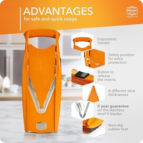 Mandoline Food Slicer V5 (Basic Set) by Reston Lloyd • V-Slicer with Food Holder • Made in Germany • Fruit & Vegetable Chopper • Multiple Settings • Color: Orange