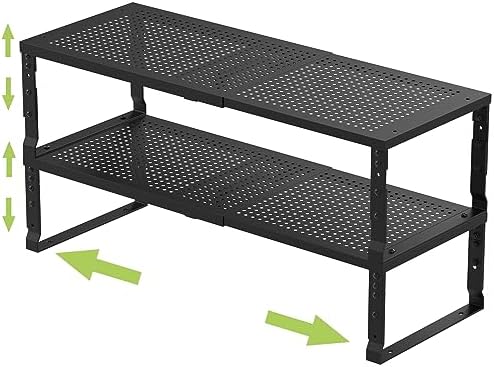 Expandable Adjustable Stackable Kitchen Organizer, Spice Rack,Metal Pantry Storage Shelves Racks,Counter Shelf for Cabinets, Countertop, Cupboard (2 Packs/Large/Black)
