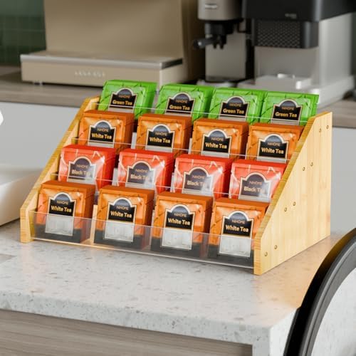 4 Layer Tea Bag Organizer, Bamboo & Plastic Tea Storage Holder