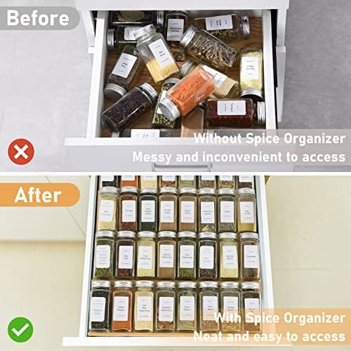 Spice Drawer Organizer with 28 Spice Jars and 216 Labels,Non-slip Rubber, Bamboo 4 Tier Spice Racks Tray Seasoning Containers for Kitchen Drawers,Cabinets,Countertops,13" Wide * 15.8" Deep