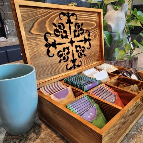 Wooden Tea Bag Storage Box with Carved Lid, 8-Compartment Tea Chest Organizer Spice Packets Container for Living Room, Kitchen, Office, Home Decor