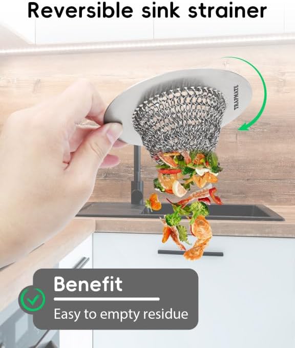 TRAPMATE Kitchen Sink Drain Strainer & Sink Stopper, Revolutionary Stainless Steel Drain Plug Combo, Anti-Clog Garbage Strainer Basket for US Standard Drains, Fits Single & Double Bowl Kitchen Sinks