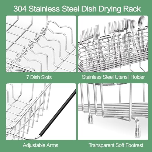 Large Dish Drainer Rack in Sink Adjustable, Expandable 304 Stainless Steel Metal Dish Drying Rack Organizer with Stainless Steel Utensil Holder Over Inside Sink Counter, Rustproof