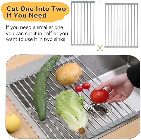 Roll Up Dish Drying Rack, 17.7" x 15.5" Over The Sink Dish Drying Rack, Dish Drying Rack for Kitchen Sink Counter Storage (Grey)