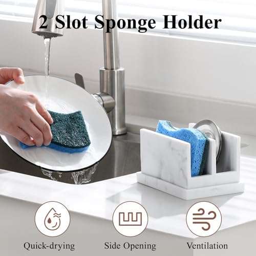 Kitchen Sponge Holder wtih Drain Tray, 2 Compartment, Gravel White