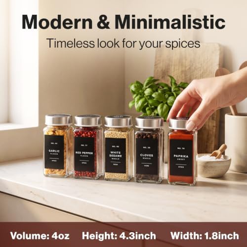 Glass Spice Jars with Label, 24x Stainless Steel Lids