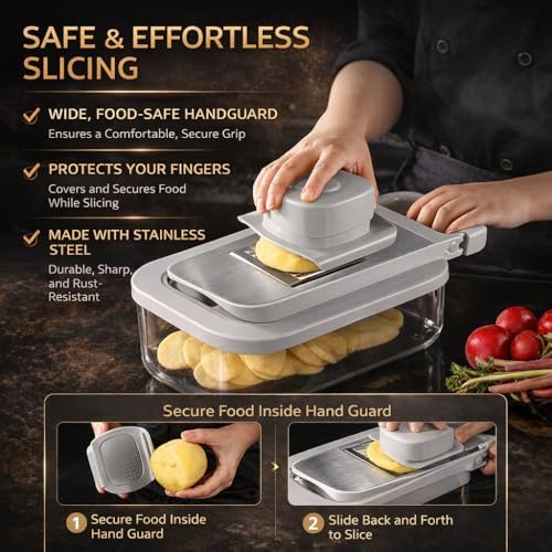 All-in-One Food Chopper & Mandoline Slicer, 9-in-1 Vegetable Chopper with Interchangeable Stainless Steel Blades, BPA-Free Manual Onion Dicer, Julienne & Grater with Container - Image 3