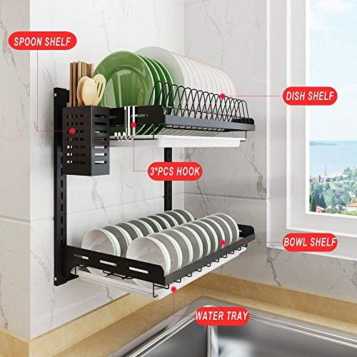 Kitchen Dish Rack,Hanging Dish Drying Rack Organizer Storage Shelf Over Sink,2 Tier Wall Mount Bowl Holder with Drain Tray and Silverware Stainless Steel Black Coating Ajustable Height