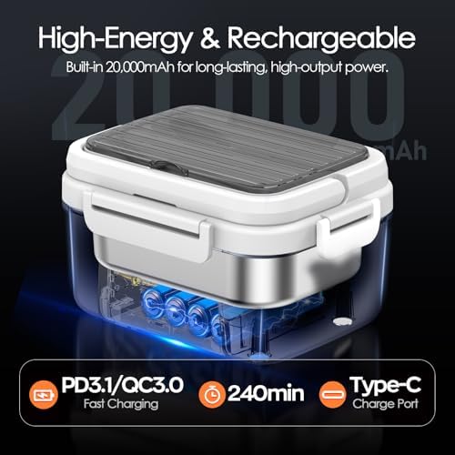 Cordless Electric Lunch Box, 6.3 Cup 100W Heated Lunch Box with 20000mAH Battery Powered for Self Heating, Including Fork Spoon and Insulated Bag for Men Women Adults, BPA Free(Black+White)