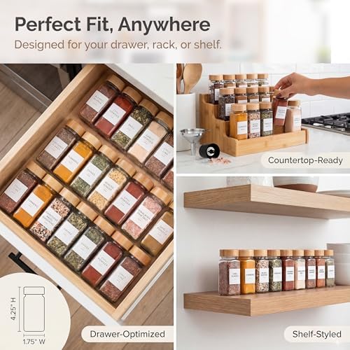 Glass Spice Jars with Label, 24PK Bamboo Jar Spices Set 4oz, 374 Spice Labels, Pepper Grinder, Empty Herb Seasoning Containers, Funnel and Shaker Lids