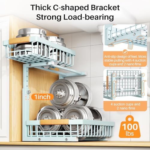 Under Sink Organizer, Adjustable Height, 2 Tier Pull Out Under Cabinet Organizer, Slide Out Thickened Metal Under Sink Storage for Kitchen Bathroom Laundry Pantry Cabinet, Blue, Large-2-Pack