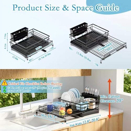 2 Tier Dish Drying Rack, Large Extendable Dish Racks for Kitchen Counter, Dishrack with Drainboard, 2-in-1 Anti-Rust Stainless Steel Dish Drainer with Utensil Holder (Black, double of Dish Rack)