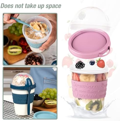4 Pack Reusable On The Go Yogurt Parfait Cups, Breakfast Plastic Containers with Lids and Spoons, Perfect Jars for Overnight Oats Cereal Granola Oatmeal Smoothies and Snack Prep