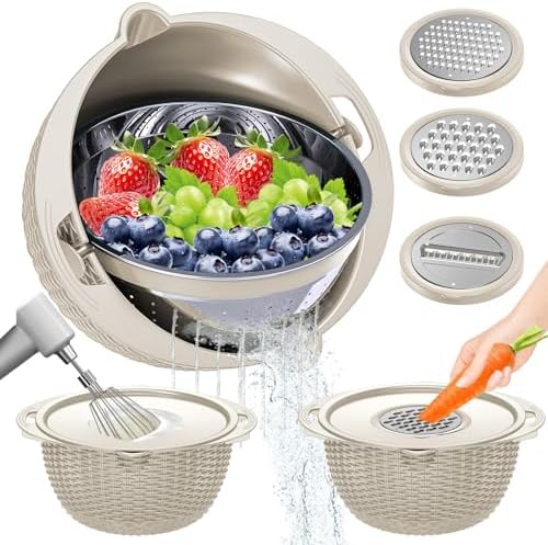 4-in-1 Colander with Bowl Set - Patented - 360° Rotatable Strainer, Beige