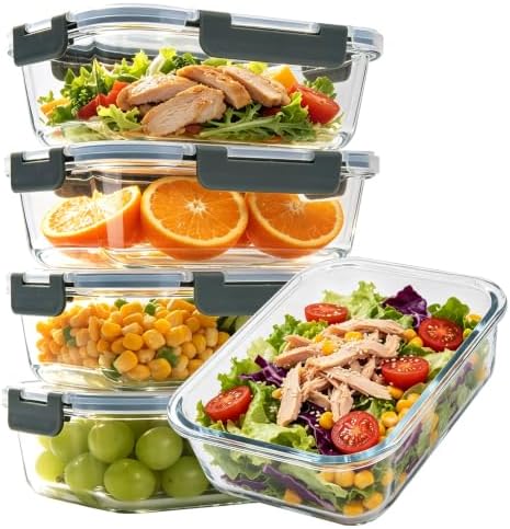 5 Pack 36oz Glass Storage Containers with Lids, Grey