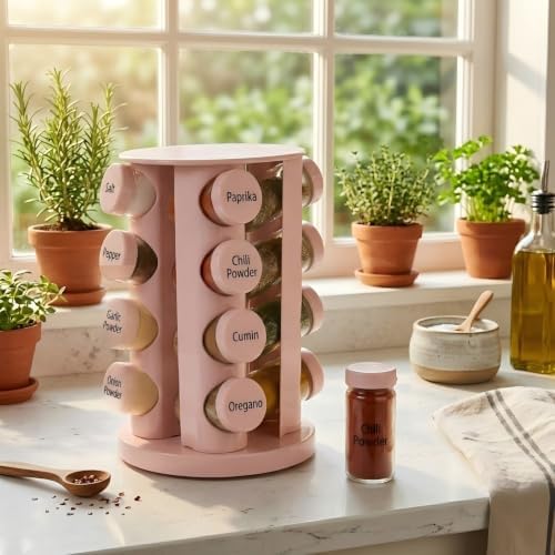 Pink Rotating Spice Rack with 16 - Empty Jars and Labels