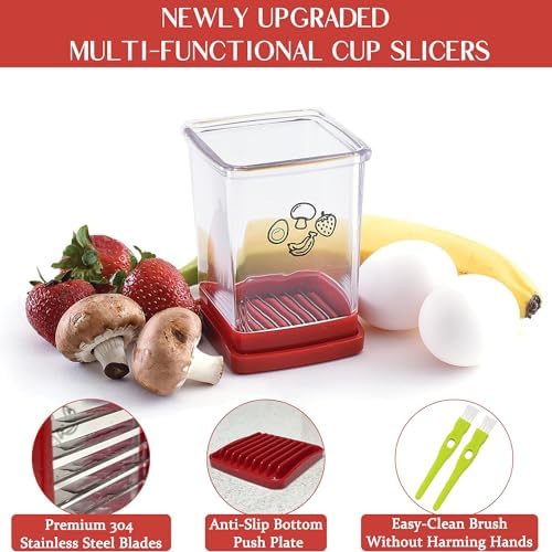 2 Pcs Cup Slicer, Stainless Steel Strawberry & Banana Slicer, Speed Fruit Cutter with Push Plate, Quickly Making Salad, Must Have Kitchen Gadget (Cyan+Red) - Image 4