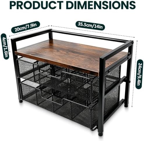 Double Drawer Tea Bag Organizer, 16-Compartment Wooden Tea Box