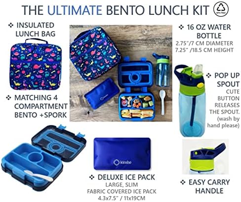 Kids Bento Lunch Box with Bag, Water Bottle & Ice Pack, Blue Dino