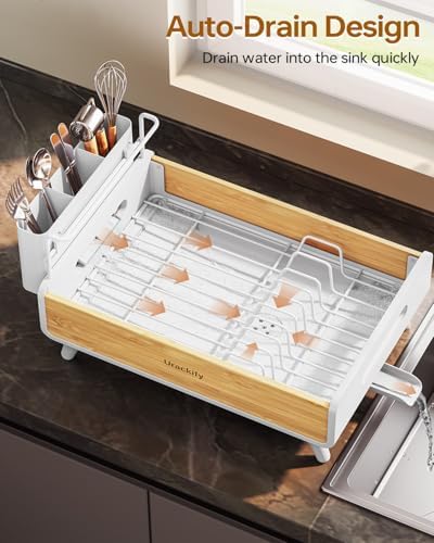 Bamboo Dish Drying Rack for Kitchen Counter, Stainless Steel,White