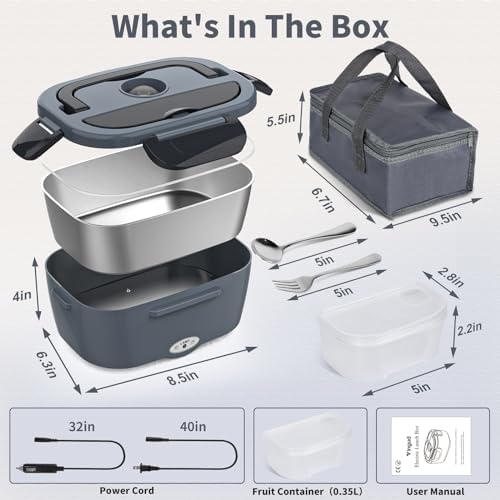 Electric Lunch Box for Adults, Heated Lunch Box Food Warmer, 80W 1.5L Portable Heating Lunchbox for Men/Work/Car/Truck, 12V 24V 110V Lonchera Eléctrica Portátil Christmas White Elephant Gifts