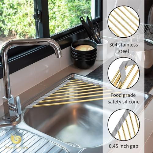 Small Triangle Roll Up Dish Drying Rack, Stainless Steel Kitchen Foldable Sink Caddy Organizer Sponge Holder for Sink Corner, Gold