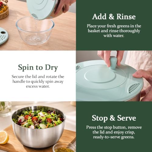 Stainless Steel Salad Spinner & Mandoline Slicer, 6 Blades, Mixing Bowl