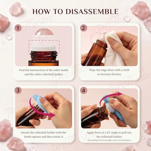 PrettyCare Rose Quartz Roller Bottle for Castor Oil – 50ml Refillable Amber Glass Roll On Bottle with Natural Rose Quartz Roller Ball, Leak-Proof Roller Ball Applicator for Essential Oils, Perfume - Image 3