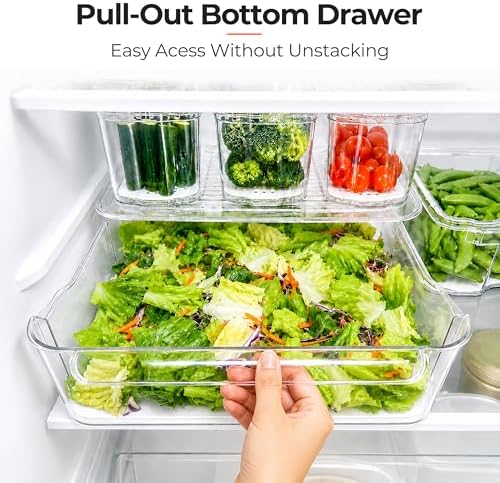 Clear Fridge Bins with Drain Trays - BPA-Free PET, Stackable(6 Pack)