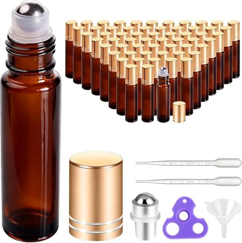 PrettyCare 60 Pack, 10 ml Essential Oil Roller Bottles with Stainless Steel Roller Ball - Bulk Refillable Leak-proof Empty Thick Amber Glass Roll on Bottles with Metal Caps for Travel, Perfume by PrettyCare