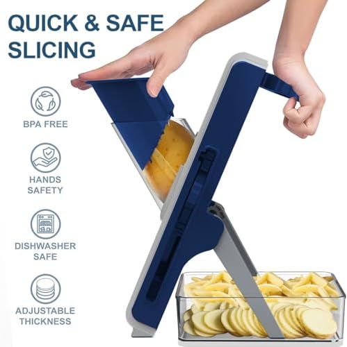 Mandoline Slicer Safe Multifunctional Dicer Adjustable Commercial Slicer Machine Stainless Steel Chopper (White Blue) - Image 2